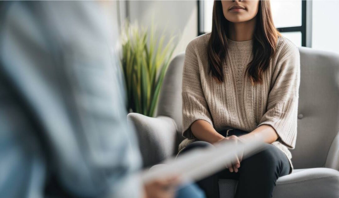 An over-the-shoulder shot of a woman sitting attentively in a light grey armchair during a counseling session. She is wearing a beige knit sweater and black pants, with her face cropped from the nose up. In the blurred foreground, a therapist or interviewer holds a clipboard, creating a supportive and private atmosphere within a bright office setting.