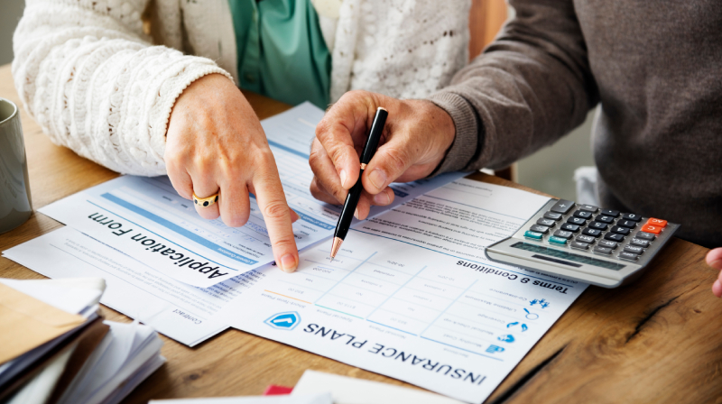 Two people reviewing insurance document and application form during a consultation for counselling coverage.
